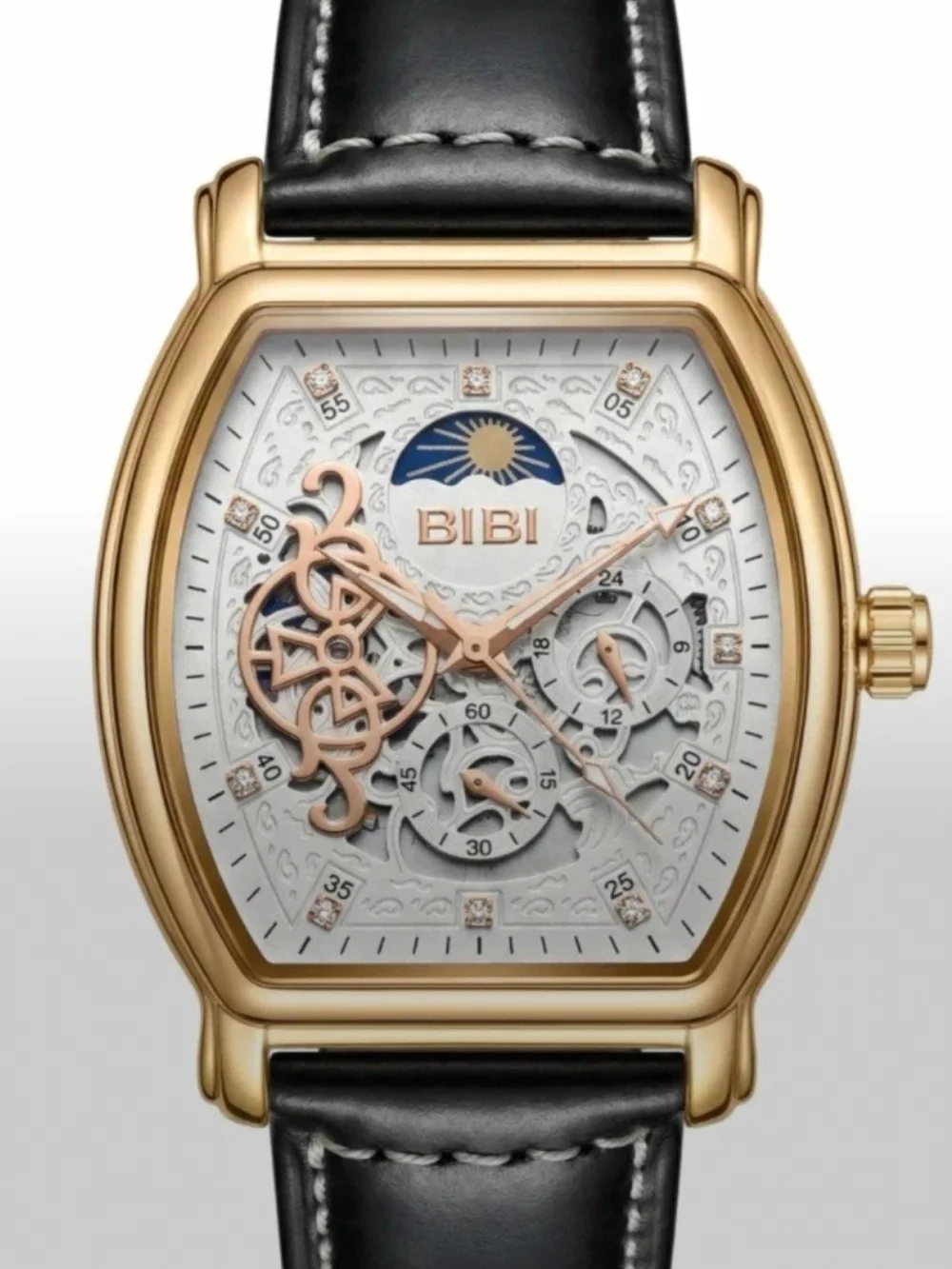 BiBi 10 Series Automatic Watch White Dial Gold Case Black Band Moon Phase  B1032
